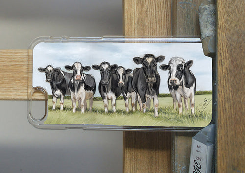 Row Of Friesian Cows With Sky Background Phone Case