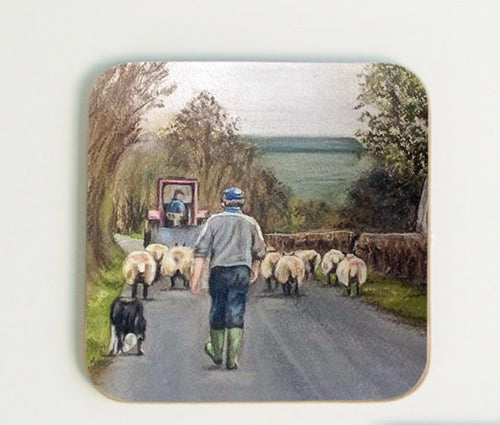 Farmer Walking With Sheep Coaster