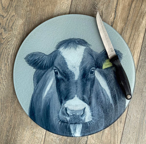 Friesian Cow With Tag Round Worktop Saver