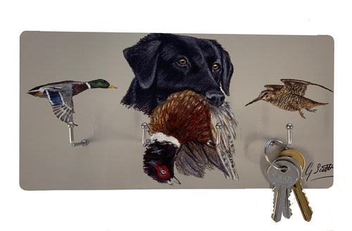 Black Labrador With Pheasant and Mallard Duck Key Holder