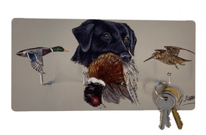 Black Labrador With Pheasant and Mallard Duck Key Holder