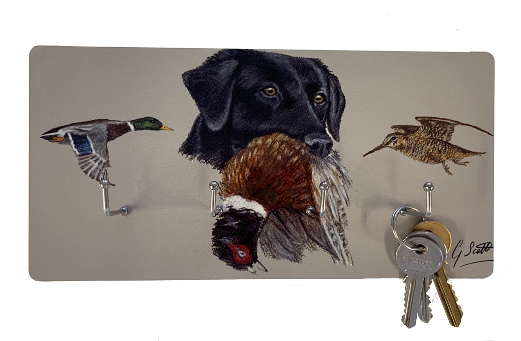 Black Labrador With Pheasant and Mallard Duck Key Holder