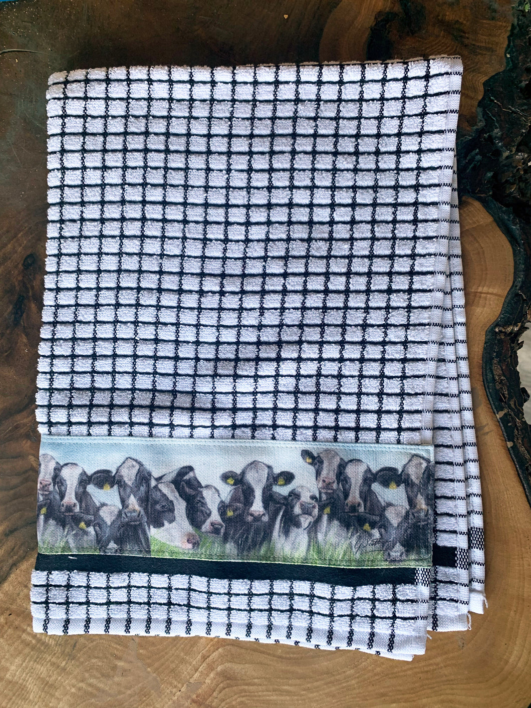 Friesian Cows Through Grass Farming Themed Tea Towel