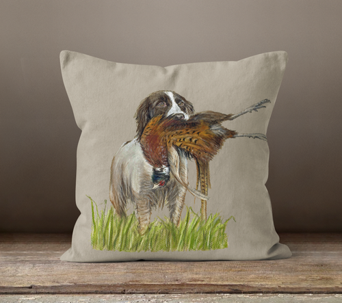 Spaniel With Pheasant Square Cushion