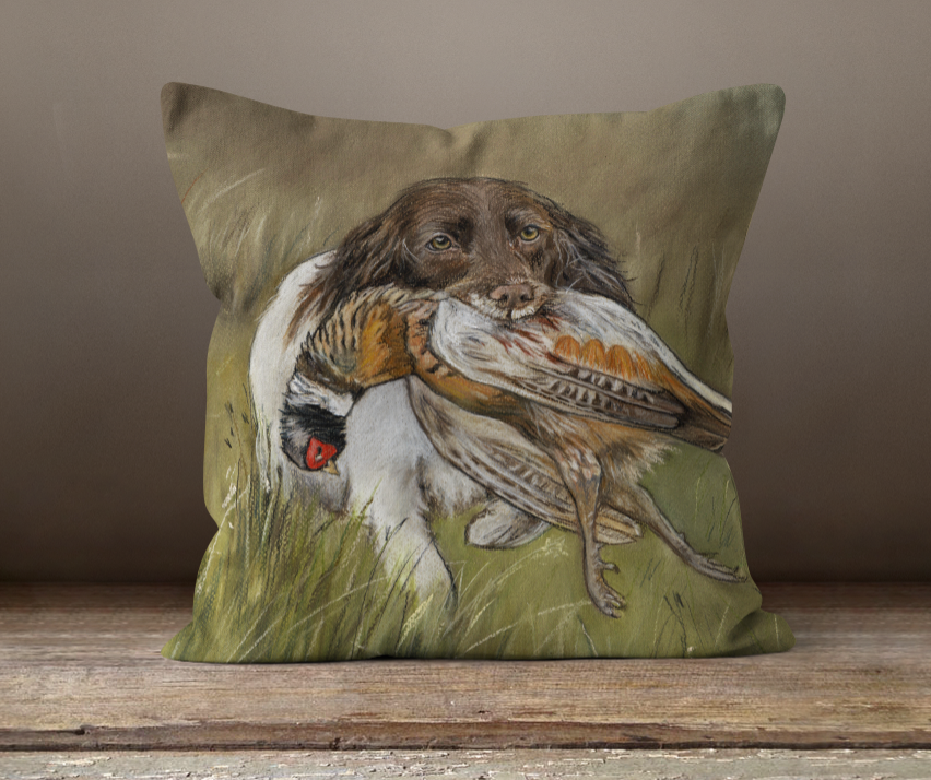 Spaniel with Pheasant Hunting Themed Square Cushion
