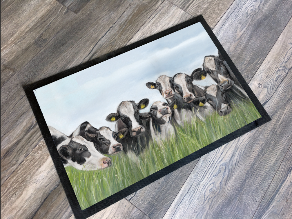 herd of friesian cows farming themed mat featuring a pastel artwork by grace scott