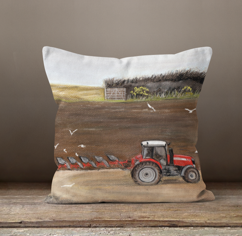 Tractor Ploughing Square Cushion