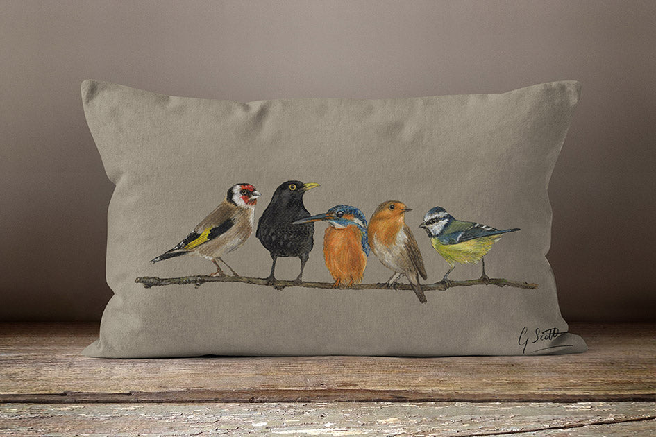 Row Of Garden Birds Oblong Cushion By Grace Scott