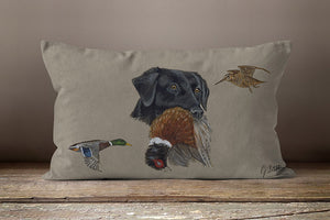 Black Lab With Pheasant And Mallard Duck Hunting Oblong Cushion