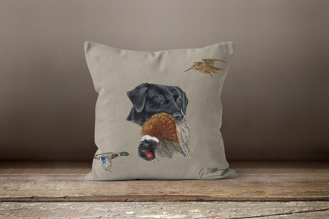 Black Labrador With Pheasant And Mallard Duck Square Cushion