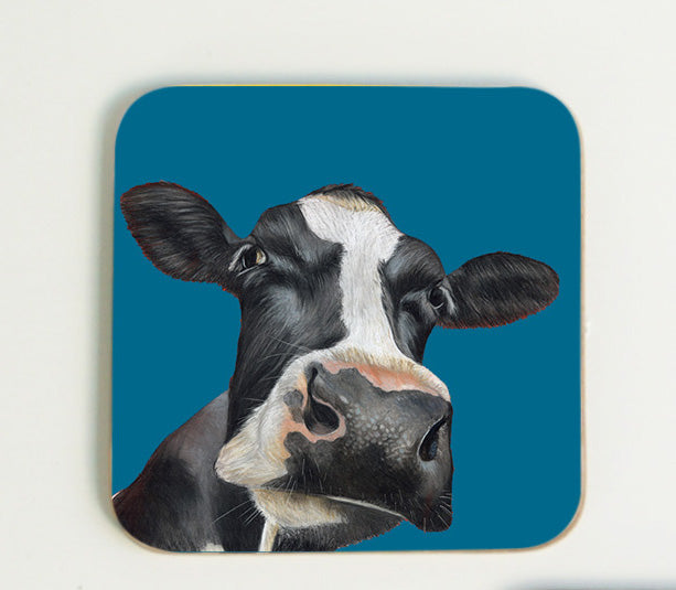 Friesian Cow Head Coaster with Blue Background