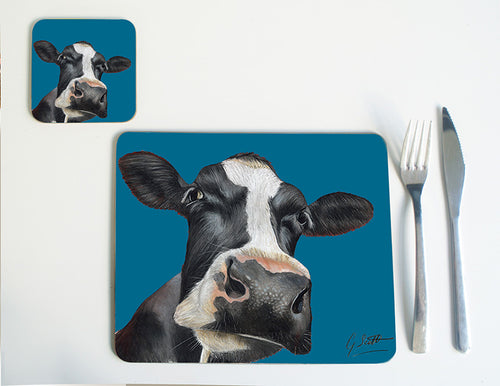Friesian Cow Head with Blue Background Placemat