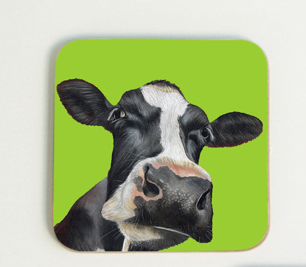 Friesian Cow Head Coaster with Green Background