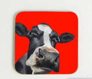Cow in Red Background Coaster