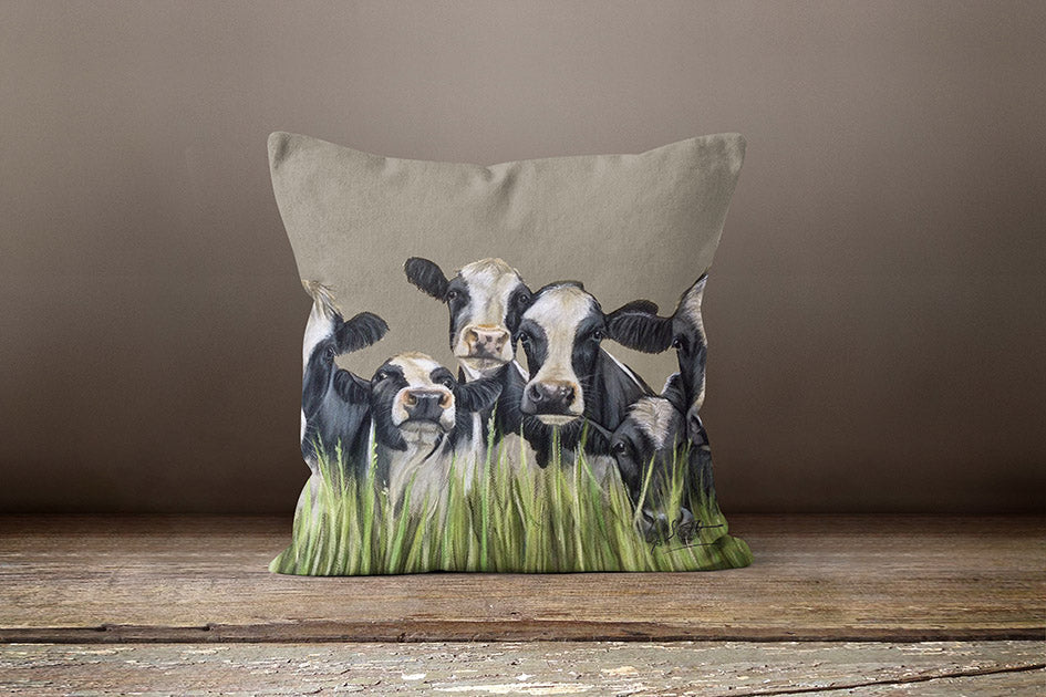 Row Of Cows through Grass Square Cushion