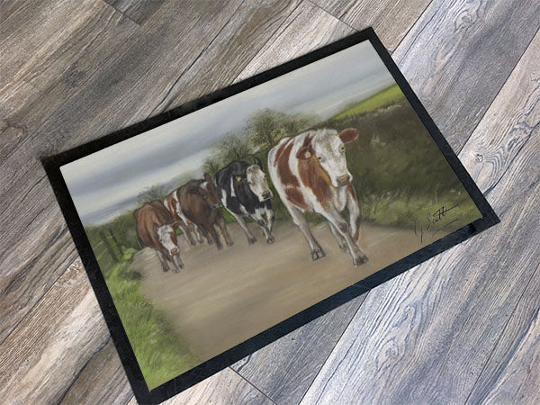 Herd Of Cattle Walking Road Floor Mat