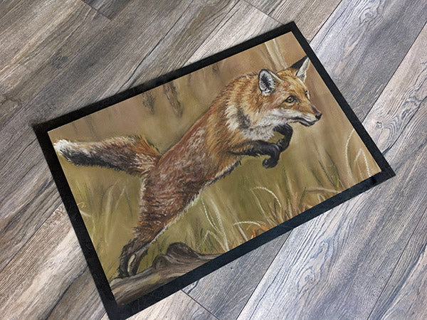 Leaping fox floor mat by Artist grace Scott Machine Washable Great Gift