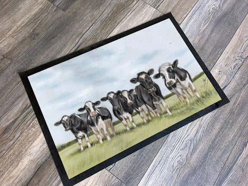 Herd Of Friesian Cows With Sky Background Floor Mat