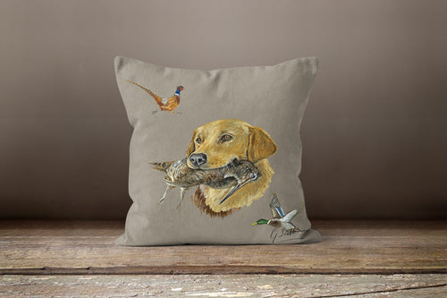 Golden labrador with mallard duck and pheasant square cushion by grace scott
