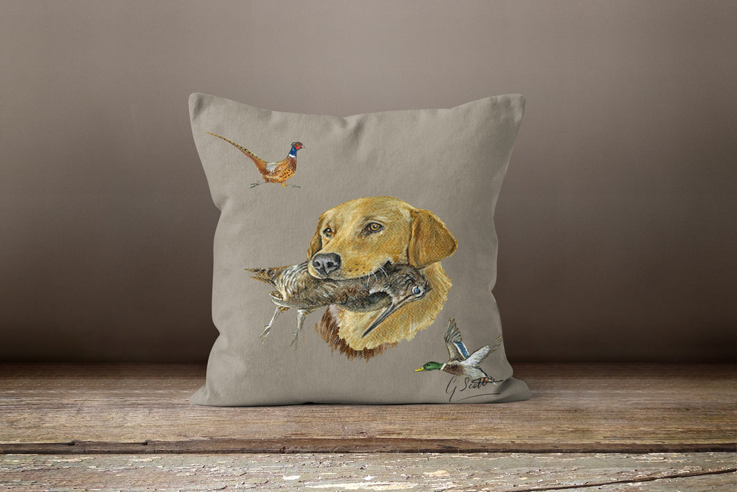 Golden labrador with mallard duck and pheasant square cushion by grace scott