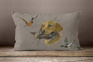 Golden Lab With Pheasant And Mallard Duck Hunting Oblong Cushion