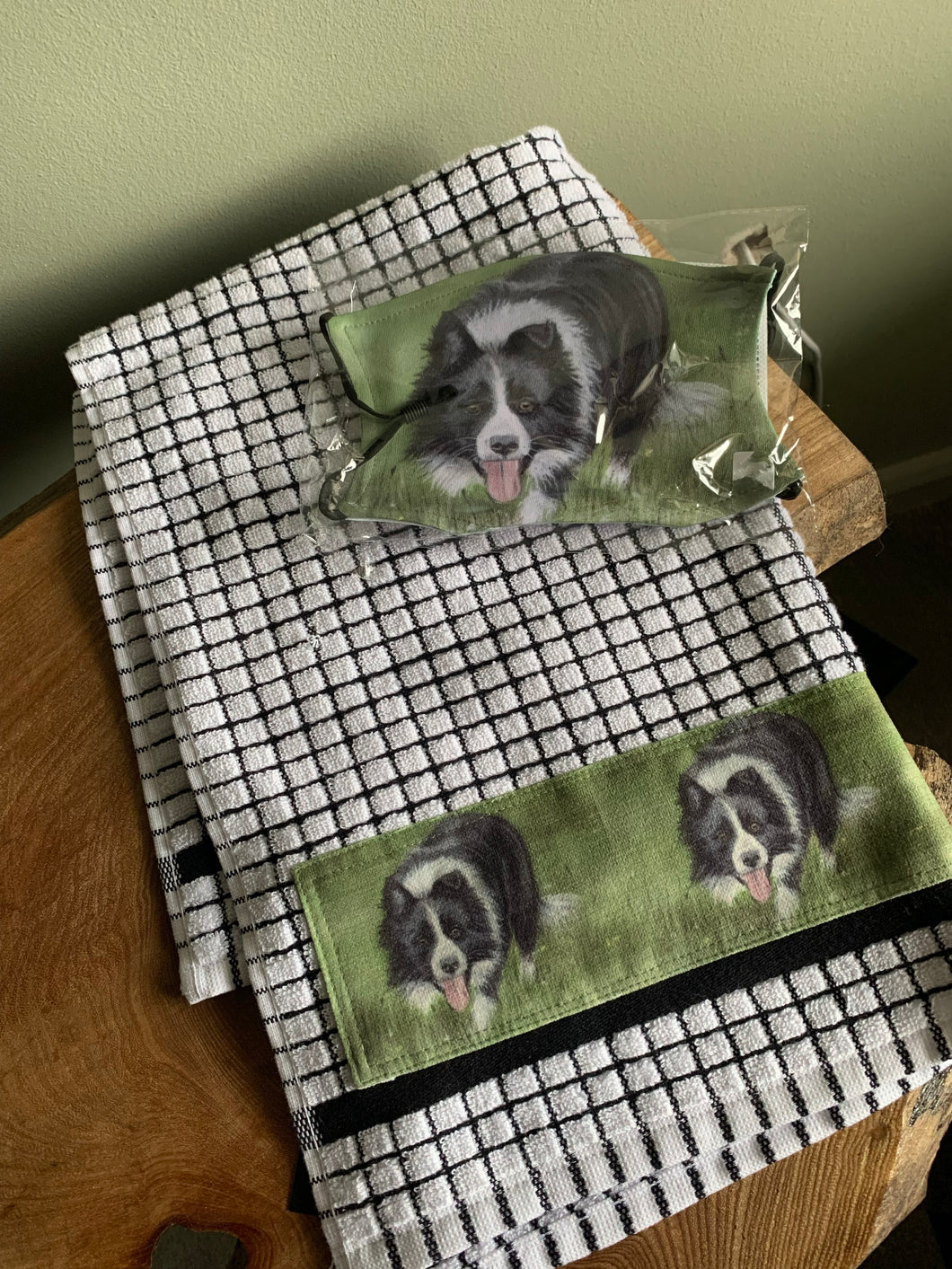 Working Collie Gift Set - Tea Towel And Face Mask