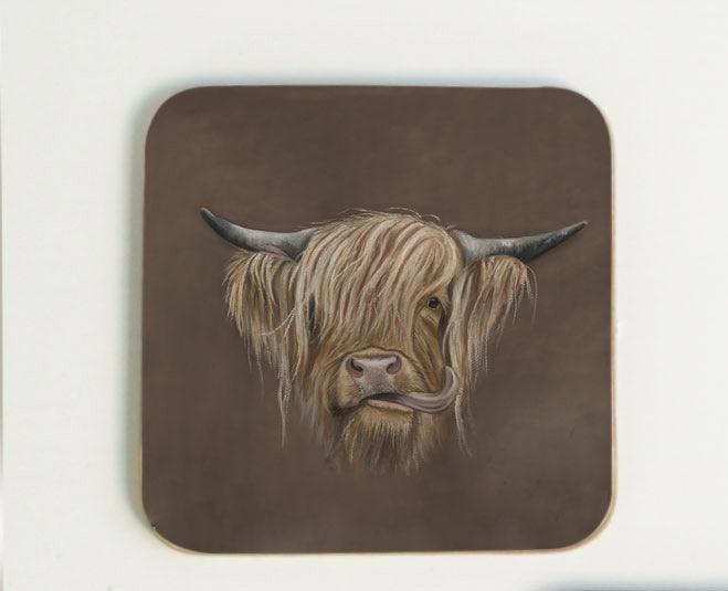 Highland Cow with Brown Background Coaster