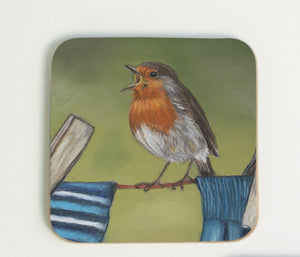 Robin on Clothes Line Coaster