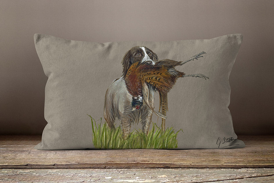 Spaniels With Pheasant Hunting Themed Oblong Cushion By Grace Scott