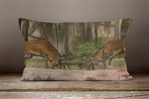 Stags Fighting In Forest Oblong Cushion