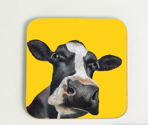 Friesian Cow Head Coaster with Yellow Background